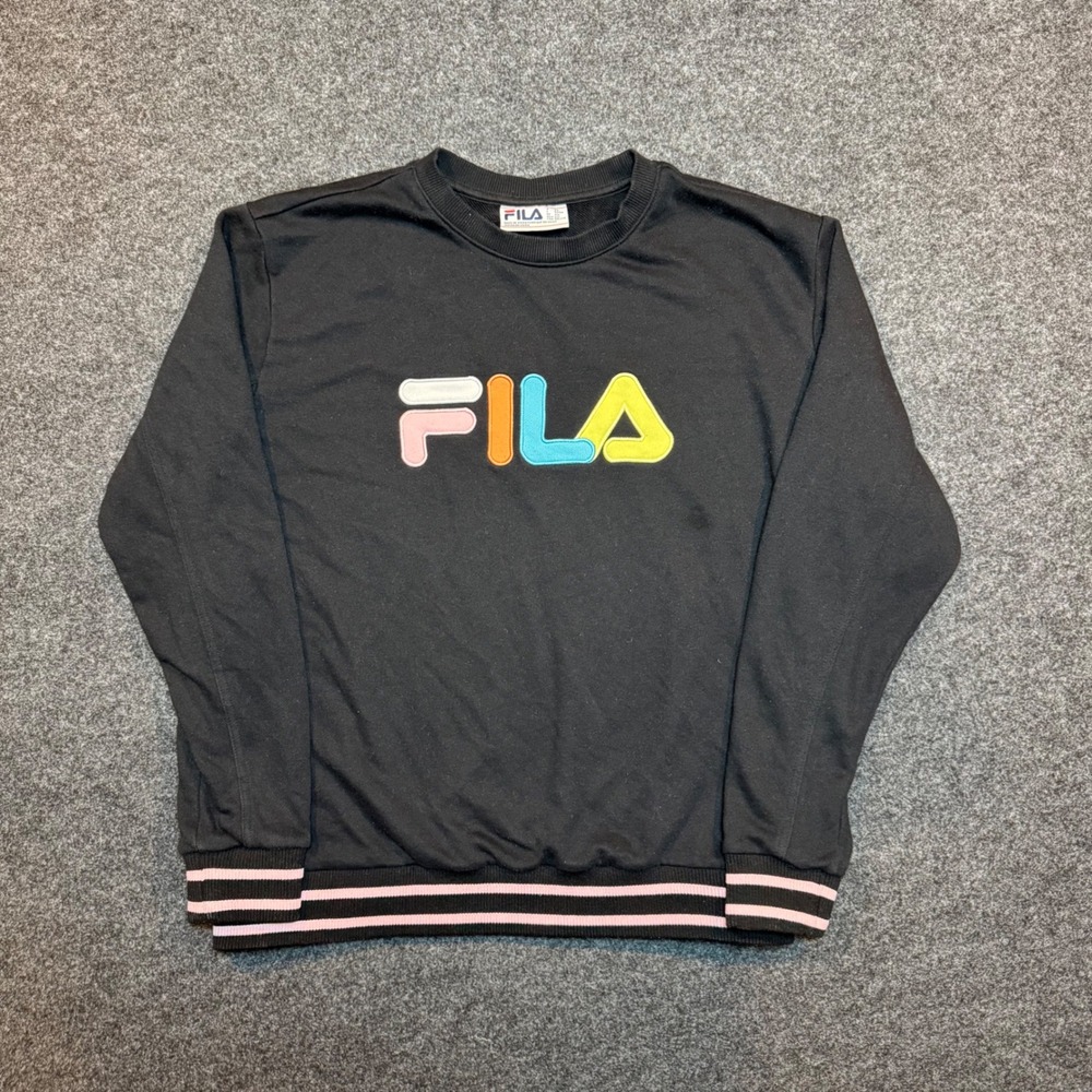 Fila Mens XXL Black Crewneck Sweatshirt Multi Color Logo Pink Striped Trim - Picture 1 of 6